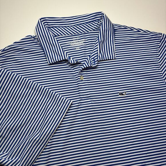Vineyard Vines Performance Polo Shirt Mens XXL Blue White Stripe Golf Whale Logo - Picture 7 of 7